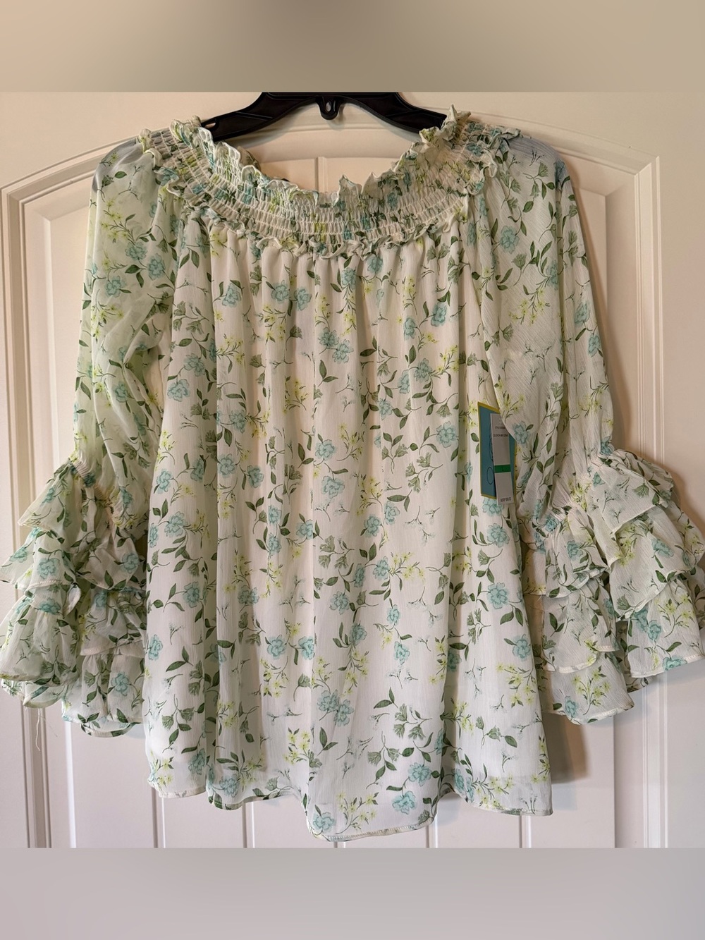 CeCe White Off-Shoulder Blouse with Mint Floral Print